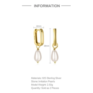 Detailed view of gold pearl drop earrings featuring S925 silver hooks and dimensions