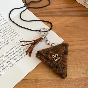 Retro triangle leopard plush necklace with leather tassel and long black bead chain