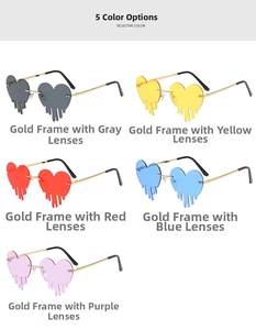 Detail view of heart-shaped melting sunglasses in five colors with gold metal frames