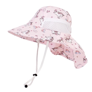 Kids quick-dry sun hat with neck flap, pink unicorn print and breathable mesh panels