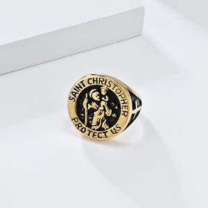 Gold Saint Christopher Saint of Travelers seal ring in titanium steel with black enamel
