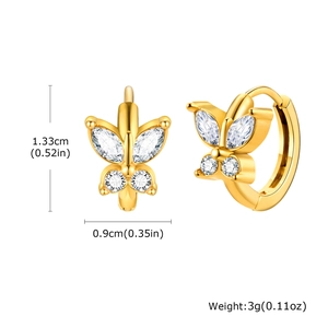 Detail view of golden butterfly earrings with white cubic zirconia and size dimensions