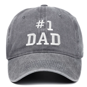 Detailed close-up of #1 DAD white embroidery on a vintage washed grey cotton baseball cap