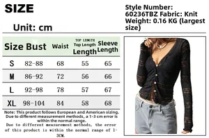 Detailed size chart for sexy sheer single-breasted long-sleeve knit top in western style