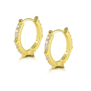 Detail of gold-plated square hoop earrings featuring sparkling zircons and beaded edges
