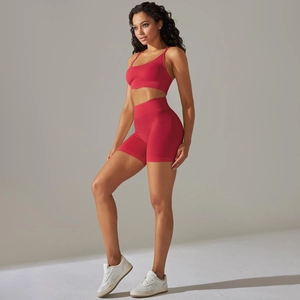 Vue détaillée du short de yoga rouge sans couture et du soutien-gorge de sport assorti