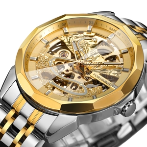 Macro view of skeleton mechanical watch movement with gold stainless steel finish