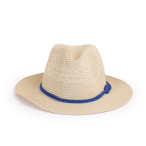 Close-up of woven straw sun hat with blue rope detail and fine texture