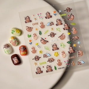 Cute cartoon sloth 3D nail stickers with self-adhesive backing on two transparent sheets
