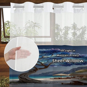 Semi-sheer waffle texture shower curtain with beach landscape and privacy feature