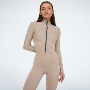 Body beige sexy à manches longues avec fermeture éclair et coutures sculptantes femme