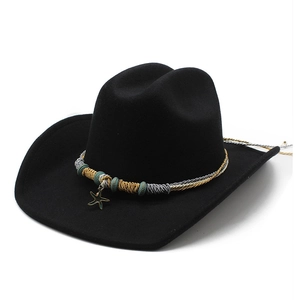 Black wool felt western cowboy hat with decorative braided cord and starfish charm
