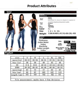 Guide des tailles détaillé pour jeans taille haute gainants avec mesures S-XXL et matières