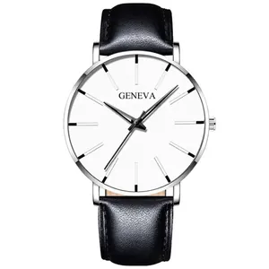 Close-up of Geneva minimalist white dial watch with black leather strap and silver case