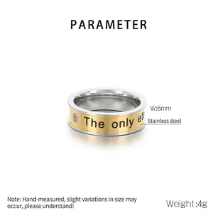 Detailed specs of 6mm stainless steel band with engraved letters and small diamond