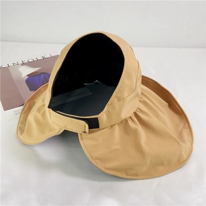 Beige wide brim sun hat with UV protection and adjustable velcro for ponytail women
