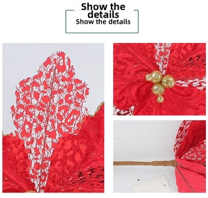 Detail showing red sequined poinsettia with gold glitter berry center for Xmas tree DIY