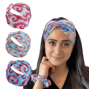 Tie-dye twist headband for women shown on a model and in three color variations