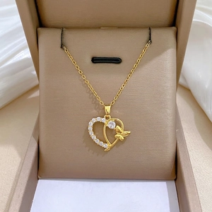 Dainty Heart Butterfly Pendant Necklace For Women Zirconia Titanium Steel Chain And Copper Charm Elegant Gold Tone Jewelry