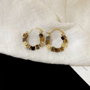 Vintage geometric tiger eye square drop hoop earrings with gold plating for women