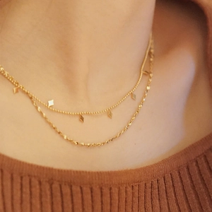 Double-layer 18K gold-plated titanium steel necklace with rhombic petal charms
