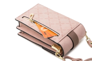 Detail of pink crossbody phone bag with cross star pattern and external card slot
