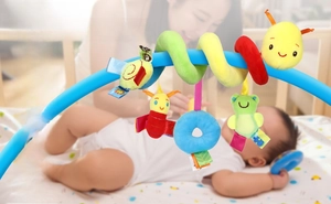 Plush spiral baby toy with hanging rattles for car seat sensory development