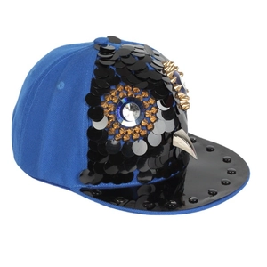 Blue hiphop owl snapback hat with sequins, golden rivets and black patent leather brim