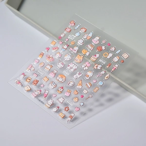 3D embossed nail art stickers featuring cute cartoon bears and cats on transparent sheet