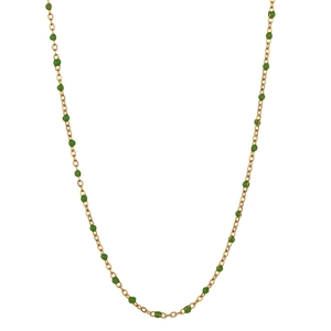 Detail of a minimalist gold link chain necklace with polished green enamel beads