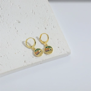 Exquisite gold round drop earrings with rainbow cubic zirconia butterfly and tree pattern