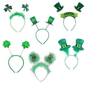 Set of 6 green St. Patrick's Day headbands with clover, mini hats and feathers