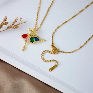 Elegant gold ballet dancer pendant necklace with colorful zirconia on stainless steel chain