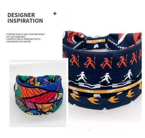 Detail of wide elastic headbands with African geometric prints and tribal patterns