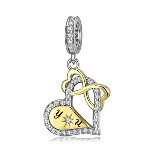 Intertwined Heart Charm Pendant 925 Sterling Silver Cubic Zirconia Bicolor Engraved For Bracelet Necklace Women Valentine