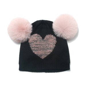 Kids Knitted Beanie Hat Double Pom-Poms Glitter Heart Pattern Warm Winter Crochet Cap For Toddler Girls Boys