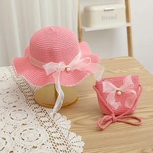 Pink straw hat and matching bag set with organza bows and pearls for girls