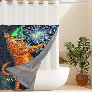Detail of waffle fabric shower curtain with happy orange cat and party hat illustration