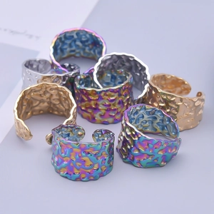 Lava texture adjustable 304 stainless steel rings in iridescent gold and silver colors