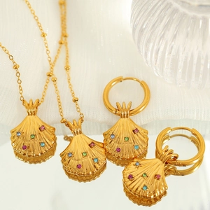 Edelstahl Muschel Anhänger Halskette Und Ohrringe Set 18K Vergoldet Bunte Strass Schmuckset Für Damen