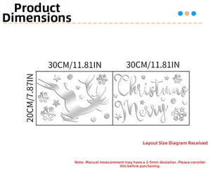 Detailed size chart for 1mm acrylic Christmas wall decals with deer and snowflake patterns