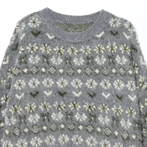 Winter Nordic jacquard knit sweater with snowflake patterns and fuzzy mohair texture