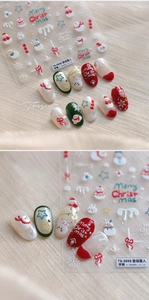 Detail of 5D embossed Christmas nail stickers with snowmen and snowflakes on cream fabric