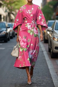 Détail d'une robe fleurie rose élégante avec col rond et manches trois-quarts évasées