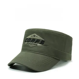 Detail of army green flat top cap with embroidered patch and multi-stitch brim