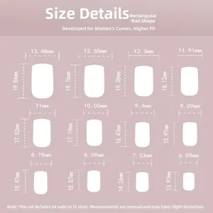 Detailed size chart for long rectangle press-on nails in 12 sizes with measurements