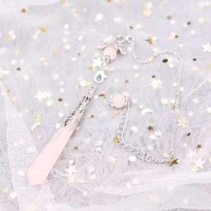 Pink quartz angel wing crystal pendulum necklace with silver chain and star charm