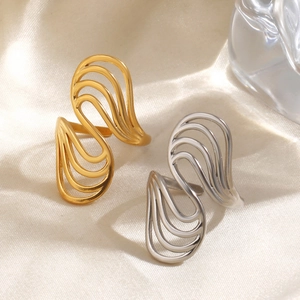 Exaggerated geometric hollow wave open rings in 18K gold and silver stainless steel