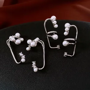 Elegant French Floral Artificial Pearl Ear Cuffs Cubic Zirconia Inlaid Copper Non Pierced Clip On Earrings For Women Jewelry
