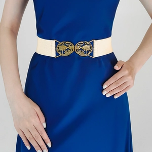 Elastic beige waist belt featuring golden metal clasp with embossed crane pattern for dresses